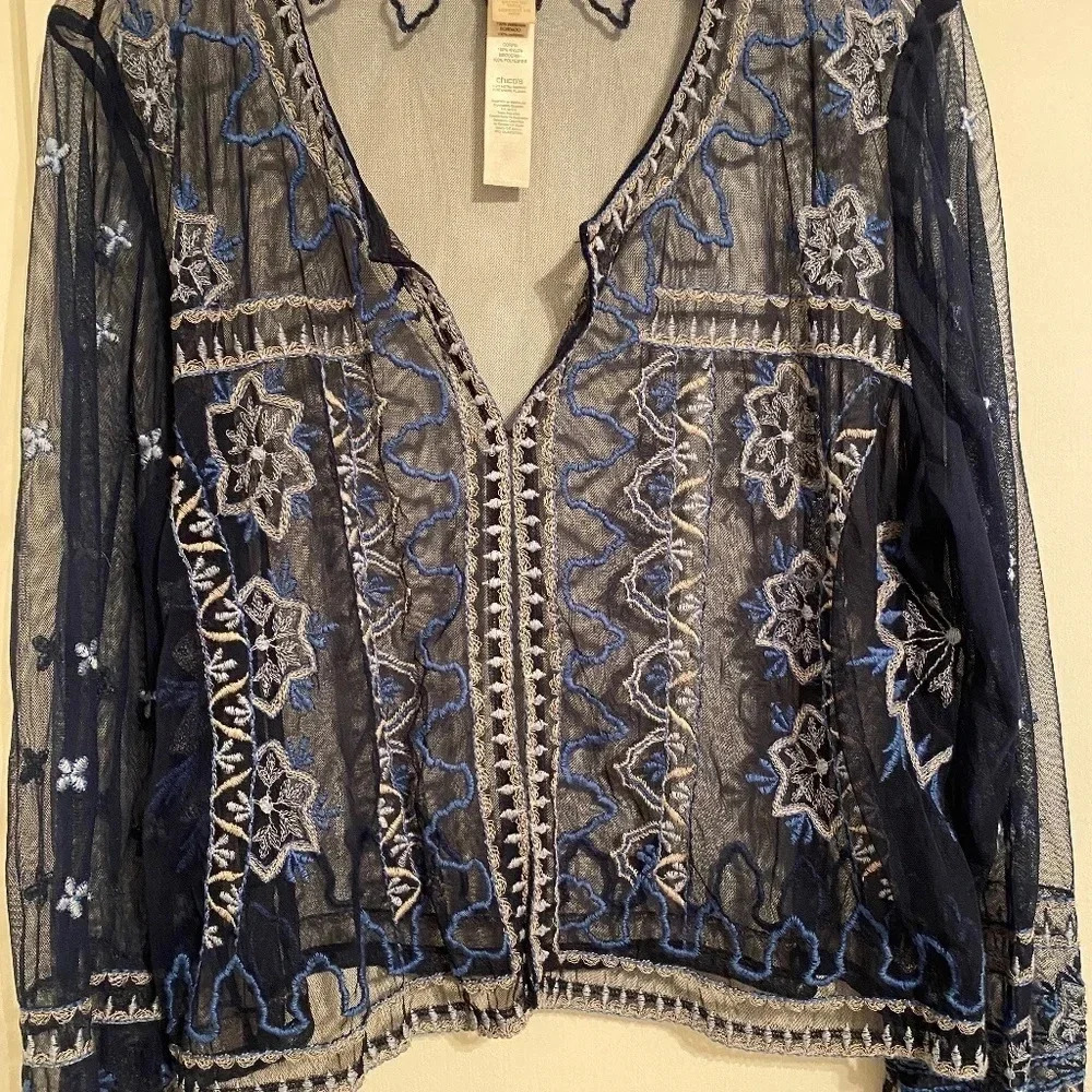 Chico’s Open Front Blue Floral Embroidered Sheer Top Bolero Long Sleeve, SZ 3/XL